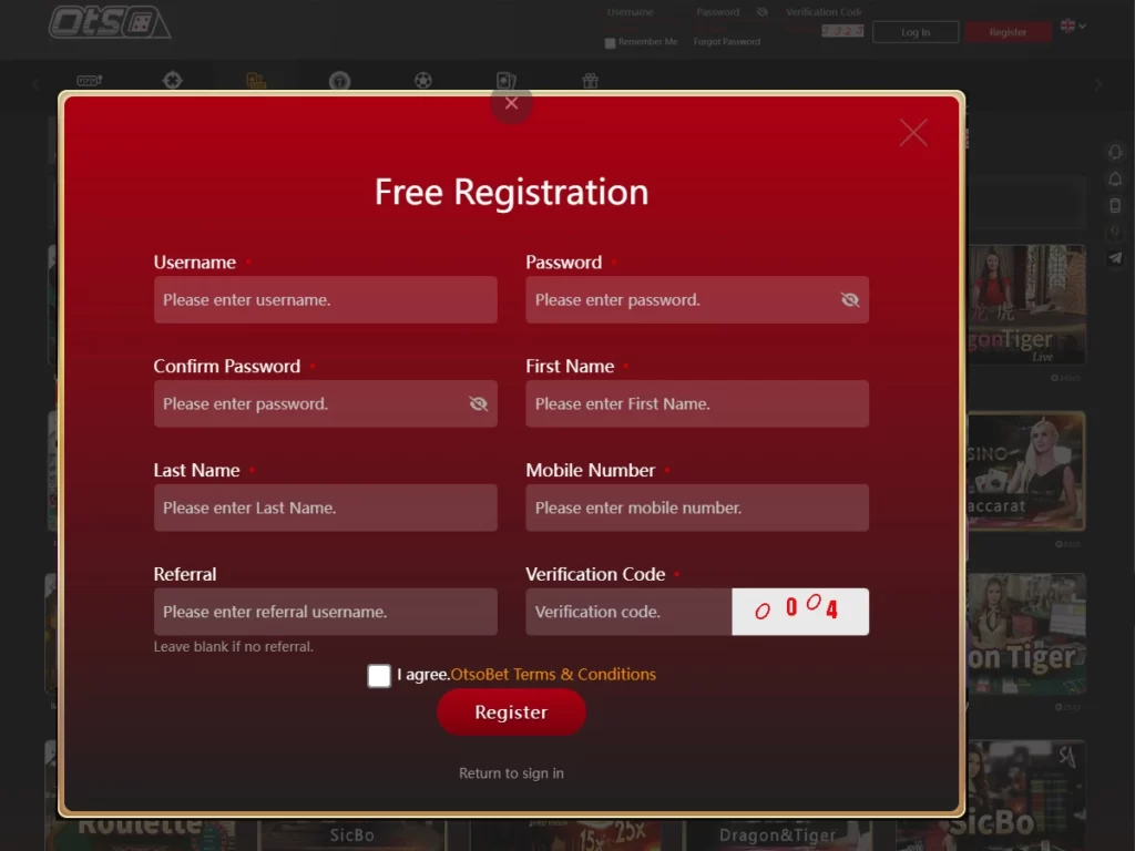 Otsobet registration page